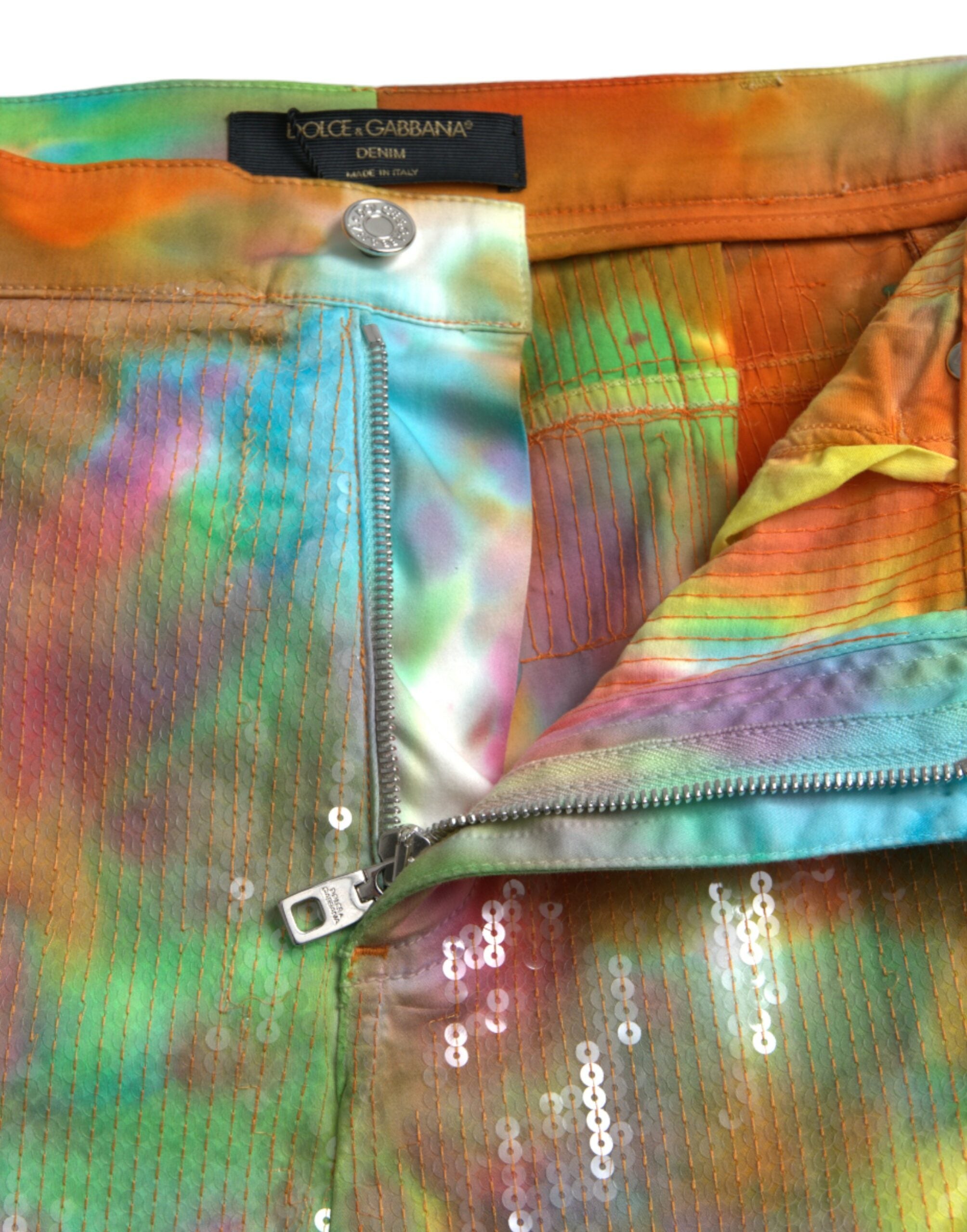 Dolce &amp; Gabbana Multicolor Tie Dye Sequined High Waist Cropped Pants