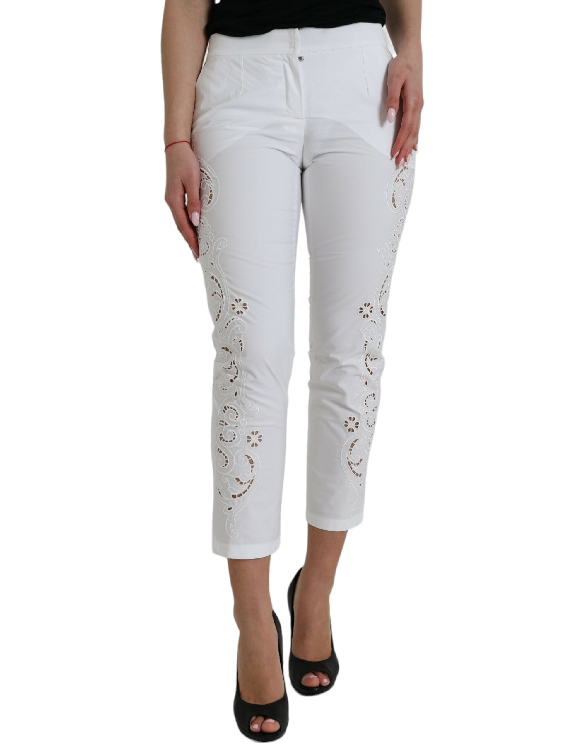 Dolce &amp; Gabbana White Cut Out Cotton Mid Waist Cropped Pants