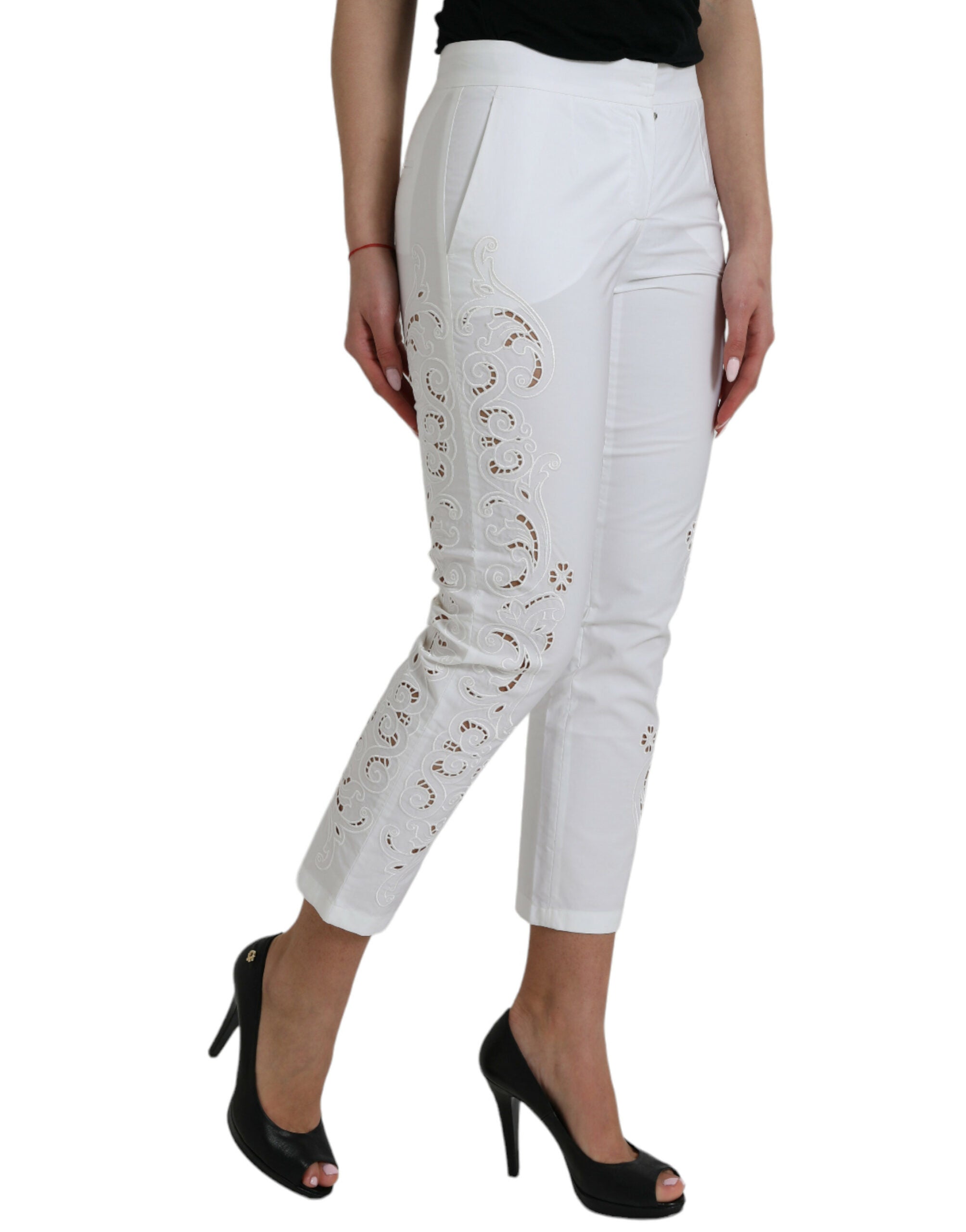 Dolce &amp; Gabbana White Cut Out Cotton Mid Waist Cropped Pants
