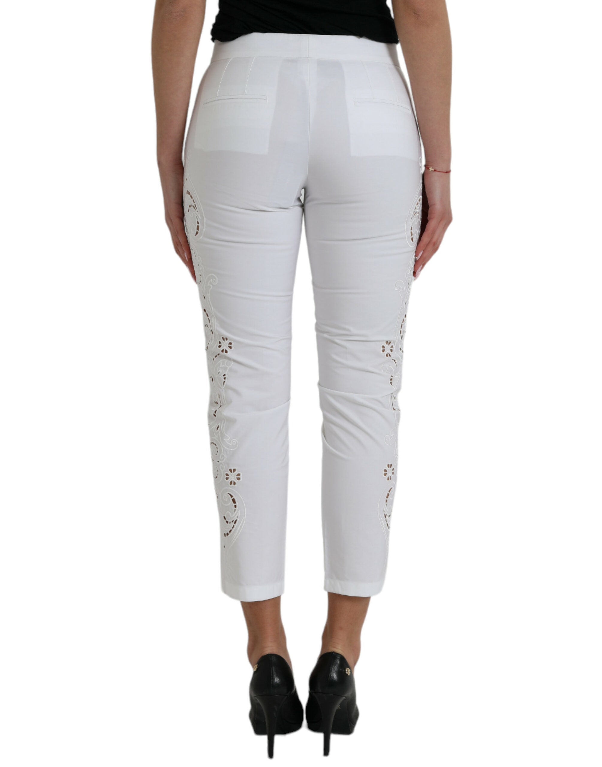 Dolce &amp; Gabbana White Cut Out Cotton Mid Waist Cropped Pants