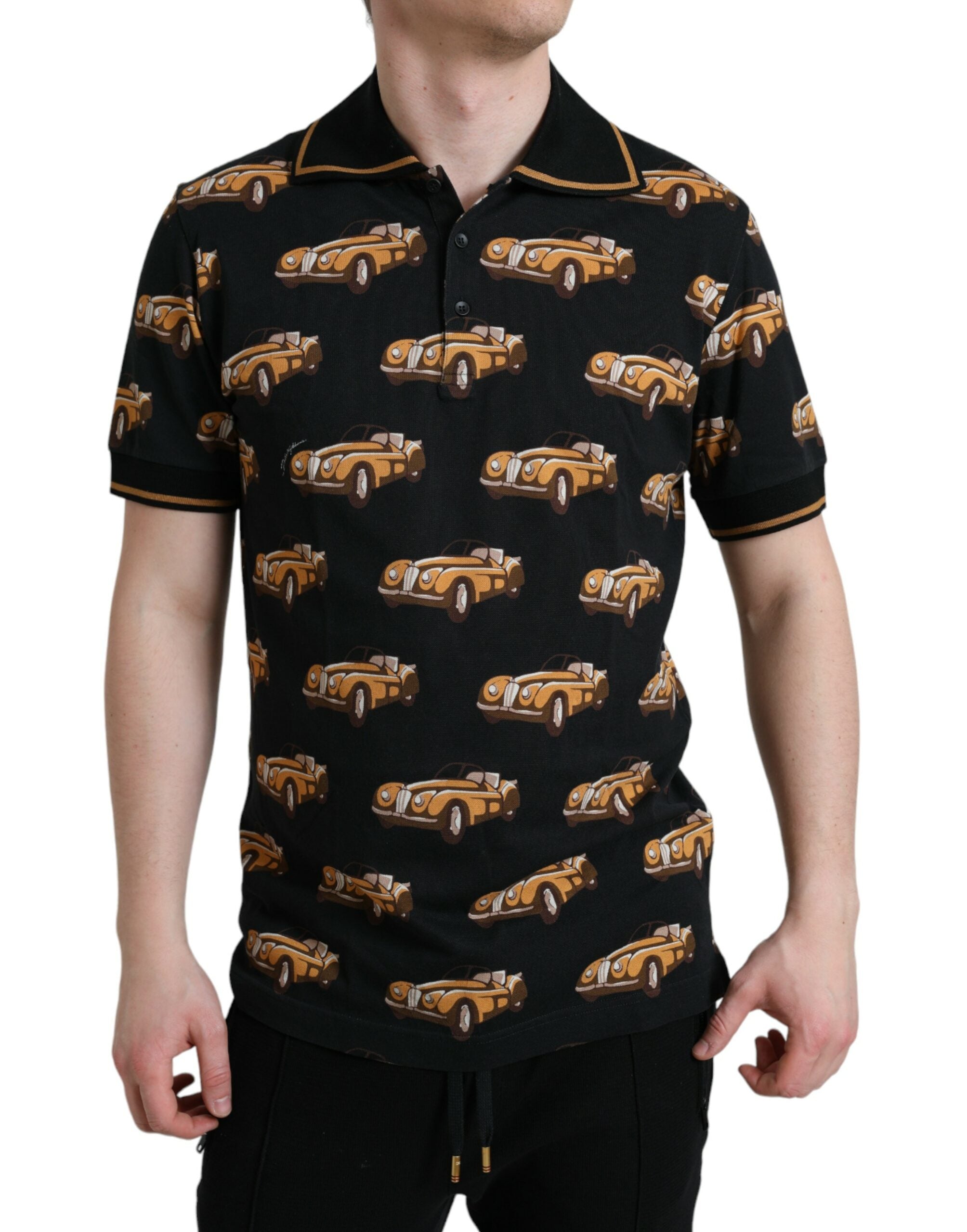 Dolce &amp; Gabbana Black Car Print Short Sleeve Polo T-shirt