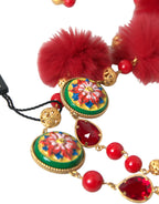Dolce &amp; Gabbana Gold Brass Red Fur Crystal Carretto Chain Necklace