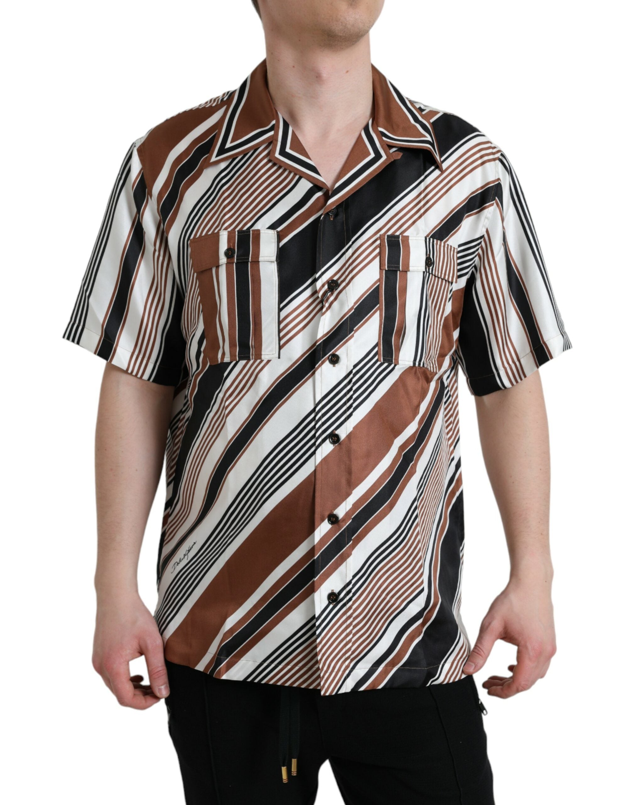 Dolce &amp; Gabbana Brown White Silk Striped Short Sleeve Shirt