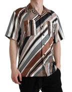 Dolce &amp; Gabbana Brown White Silk Striped Short Sleeve Shirt