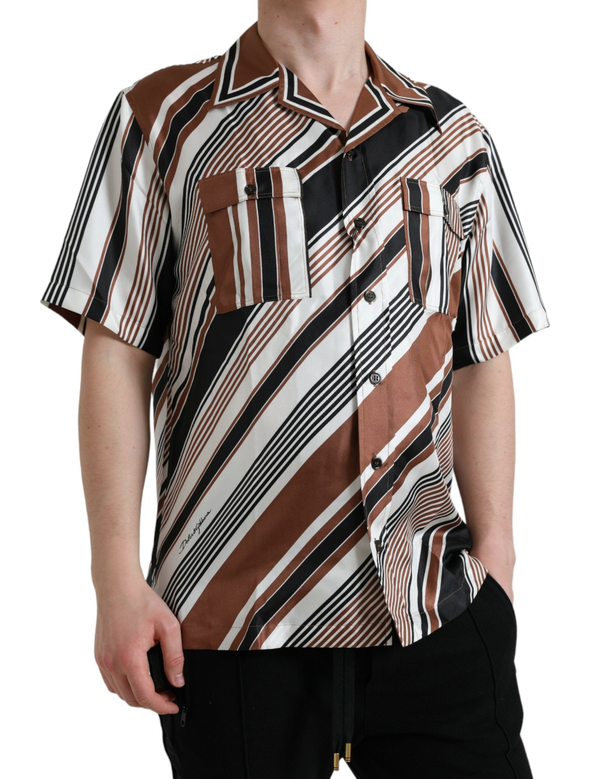 Dolce &amp; Gabbana Brown White Silk Striped Short Sleeve Shirt