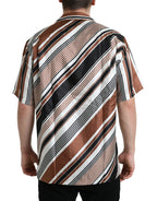 Dolce &amp; Gabbana Brown White Silk Striped Short Sleeve Shirt