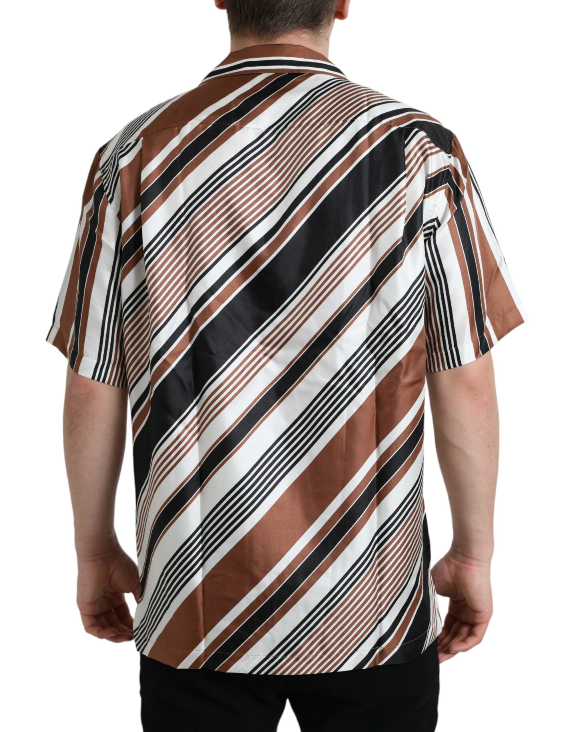 Dolce &amp; Gabbana Brown White Silk Striped Short Sleeve Shirt