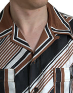 Dolce &amp; Gabbana Brown White Silk Striped Short Sleeve Shirt