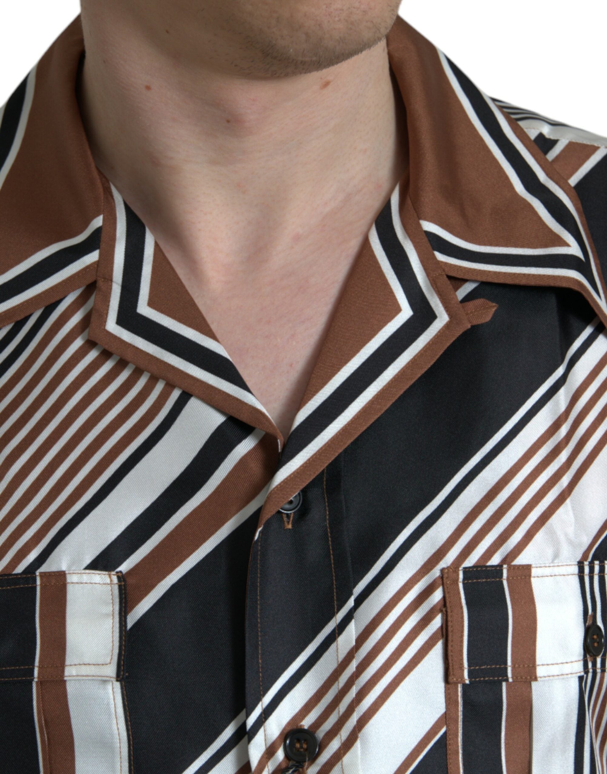 Dolce &amp; Gabbana Brown White Silk Striped Short Sleeve Shirt