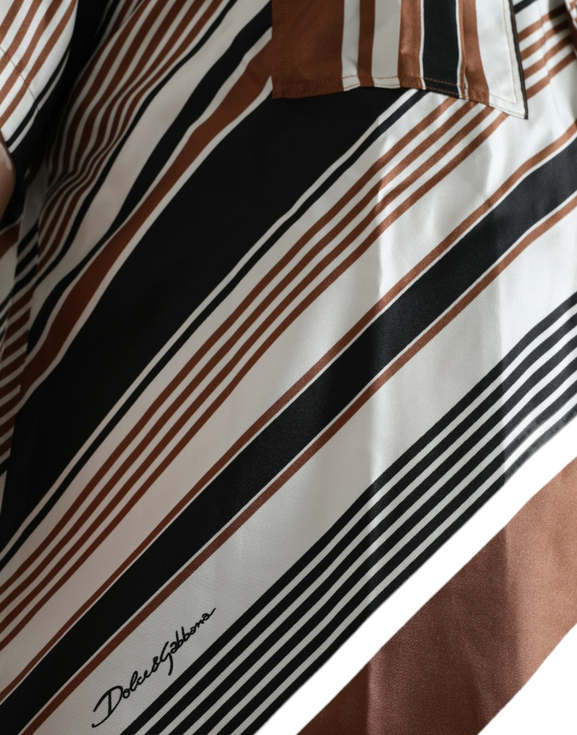 Dolce &amp; Gabbana Brown White Silk Striped Short Sleeve Shirt