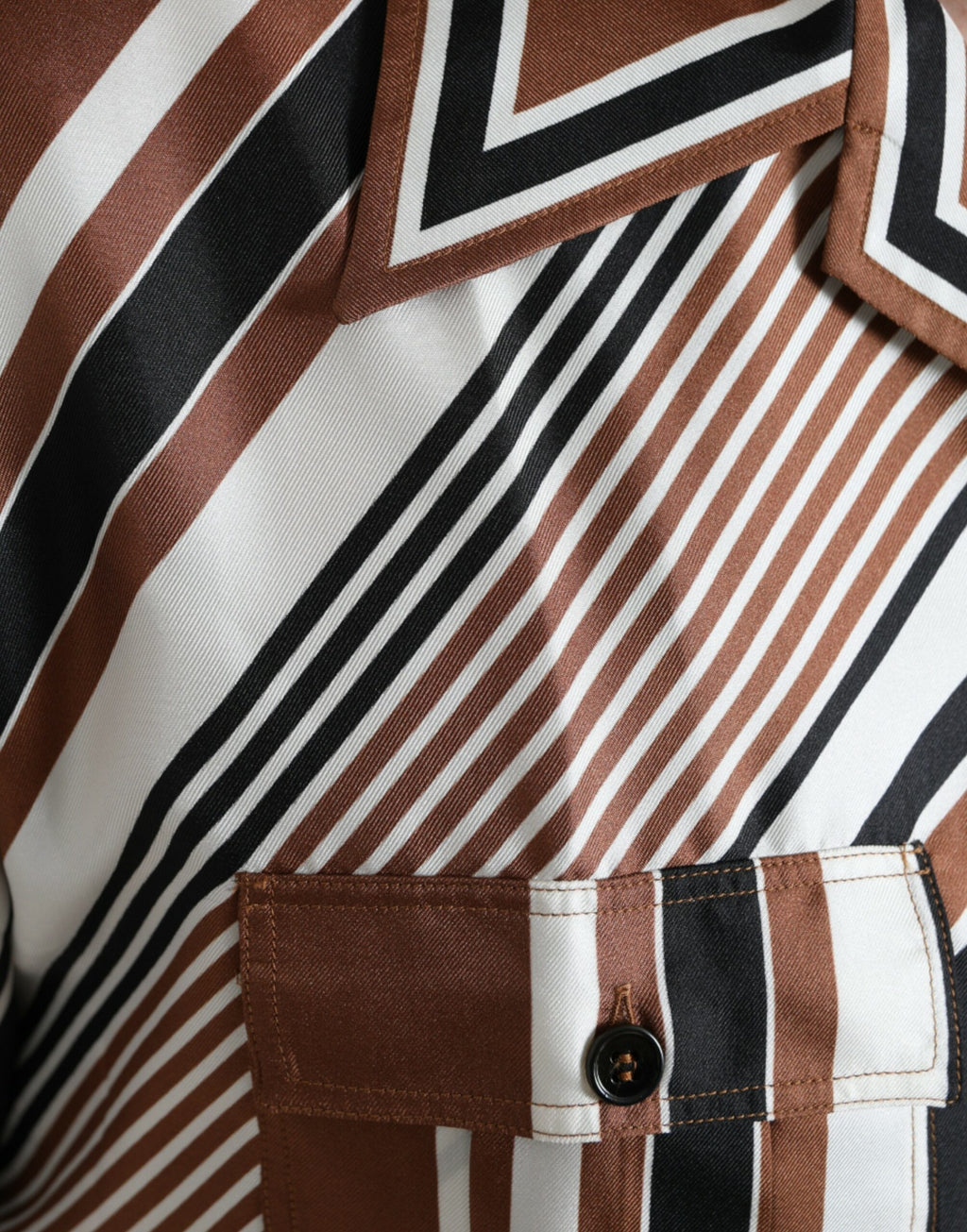 Dolce &amp; Gabbana Brown White Silk Striped Short Sleeve Shirt