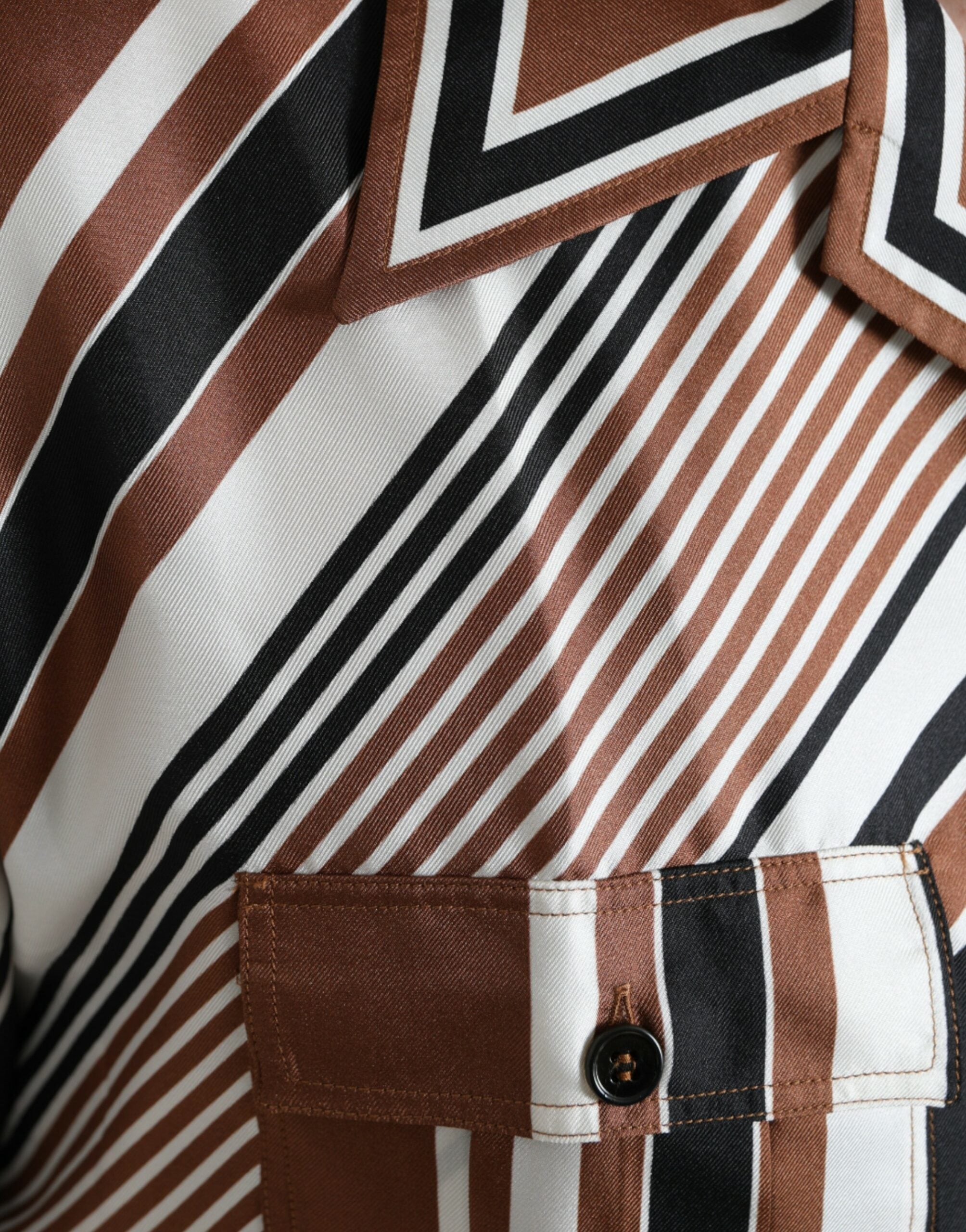 Dolce &amp; Gabbana Brown White Silk Striped Short Sleeve Shirt