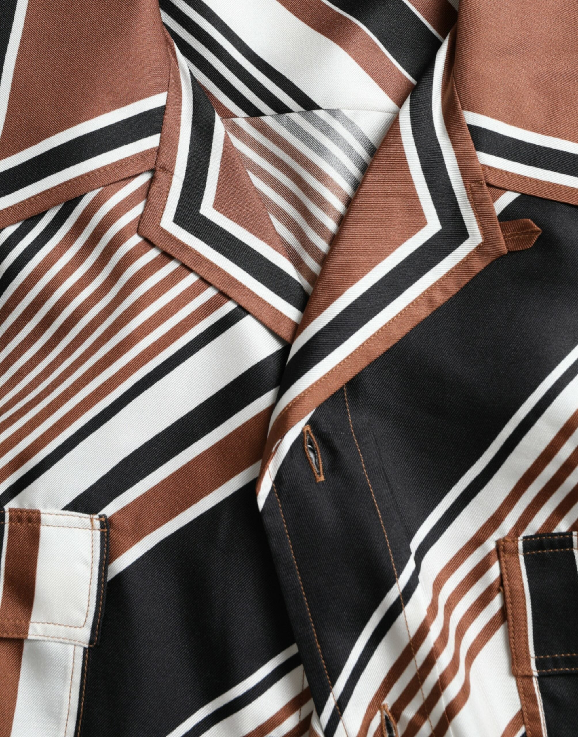 Dolce &amp; Gabbana Brown White Silk Striped Short Sleeve Shirt