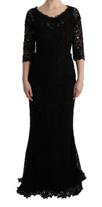 Dolce & Gabbana Black Floral Ricamo Sheath Long Dress