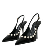 Dolce &amp; Gabbana Black Leather Faux Pearl Heel Slingback Shoes