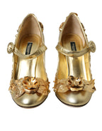 Dolce &amp; Gabbana Gold Leather Crystal Mary Janes Pumps Shoes