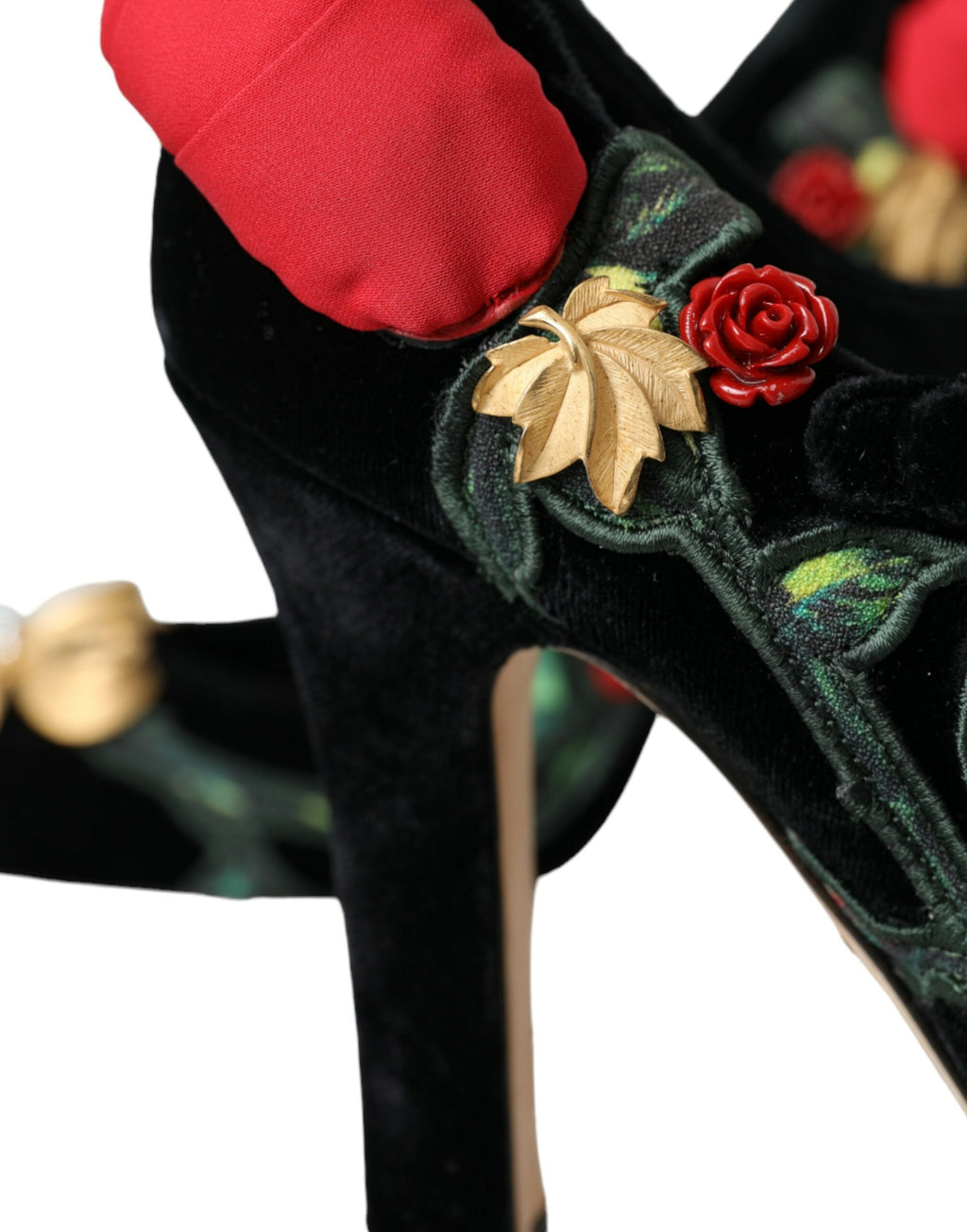 Dolce &amp; Gabbana Black Roses Crystal Brooch Mary Jane Shoes
