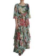 Dolce &amp; Gabbana Blue Floral Print Tiered Long Maxi Dress
