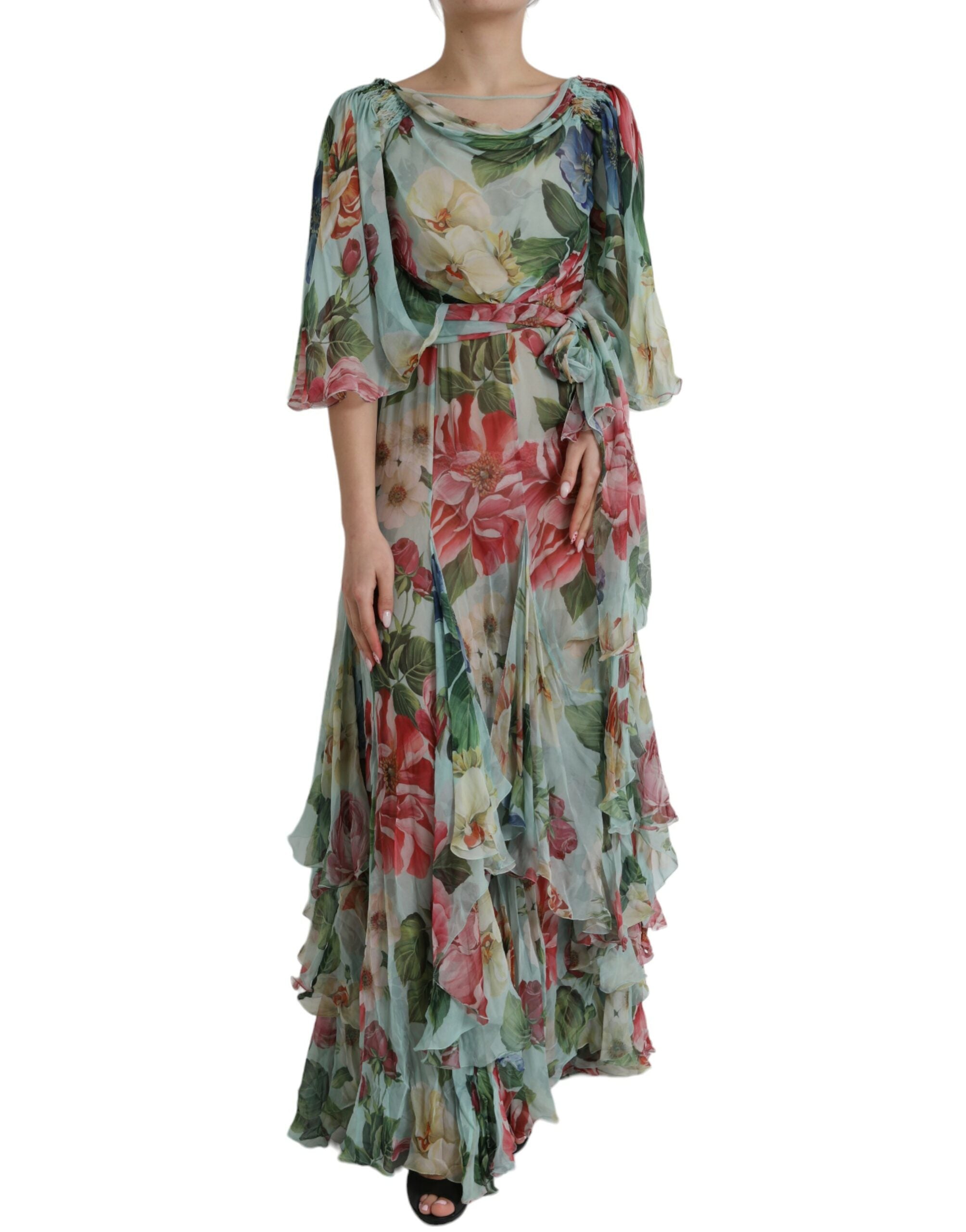 Dolce &amp; Gabbana Blue Floral Print Tiered Long Maxi Dress