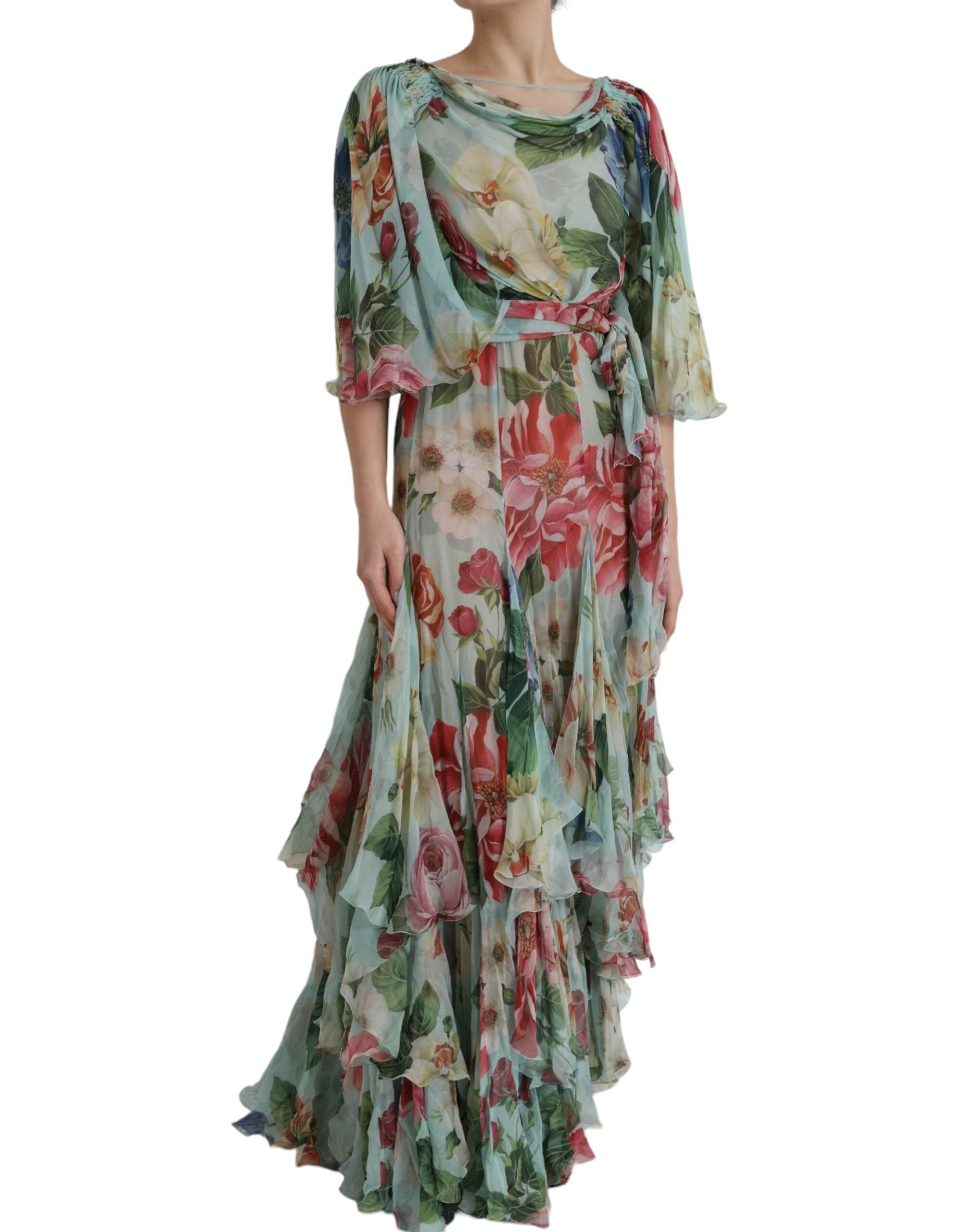 Dolce &amp; Gabbana Blue Floral Print Tiered Long Maxi Dress