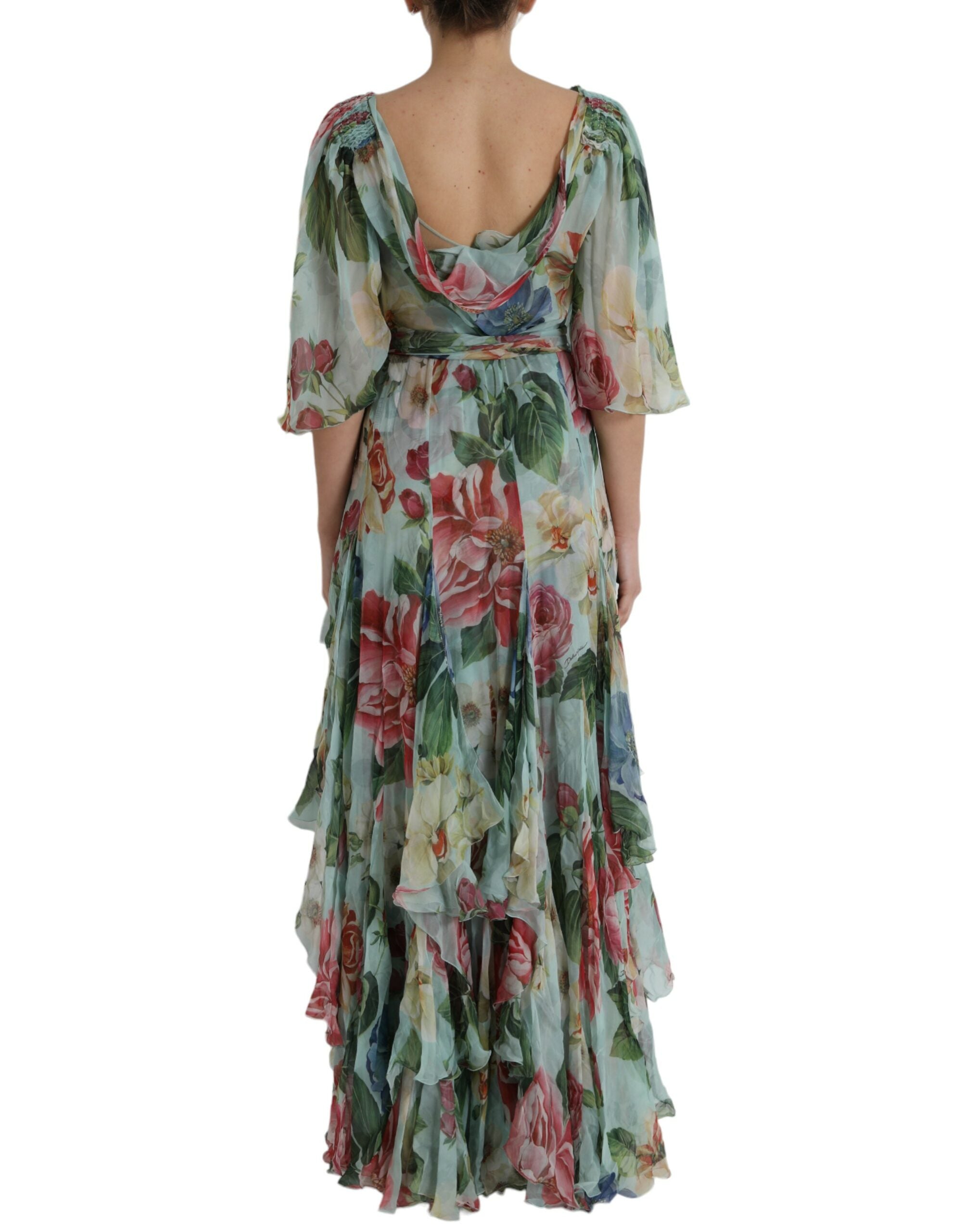 Dolce &amp; Gabbana Blue Floral Print Tiered Long Maxi Dress