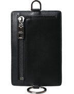 Dolce &amp; Gabbana Black Calf Leather Lanyard Logo Card Holder Men Wallet