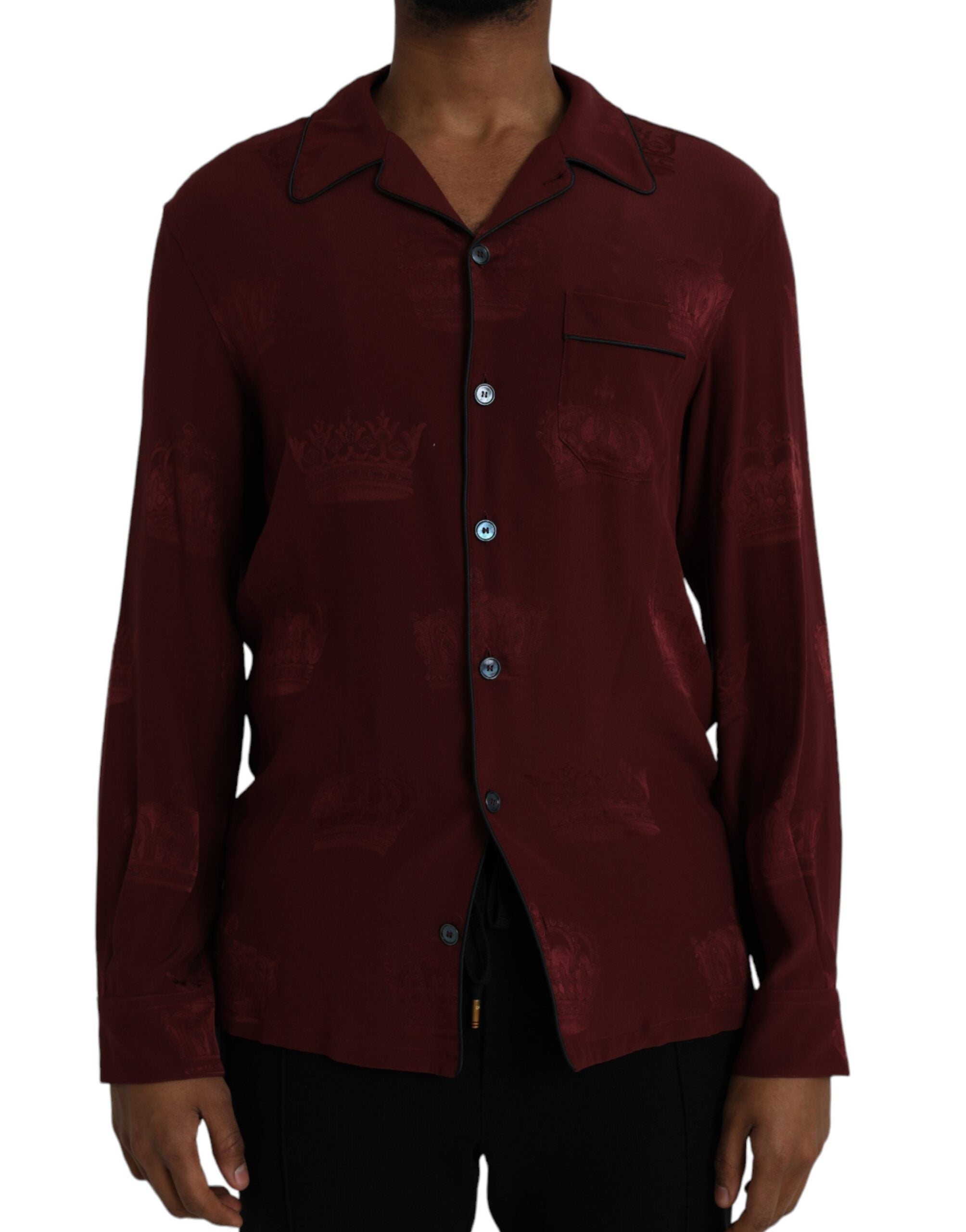 Dolce &amp; Gabbana Maroon Crown Jacquard Silk Long Sleeve Shirt