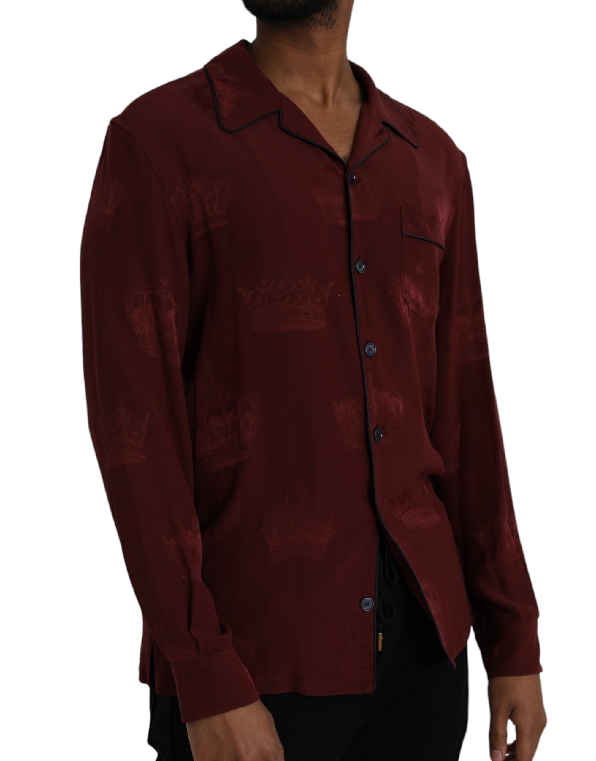 Dolce &amp; Gabbana Maroon Crown Jacquard Silk Long Sleeve Shirt