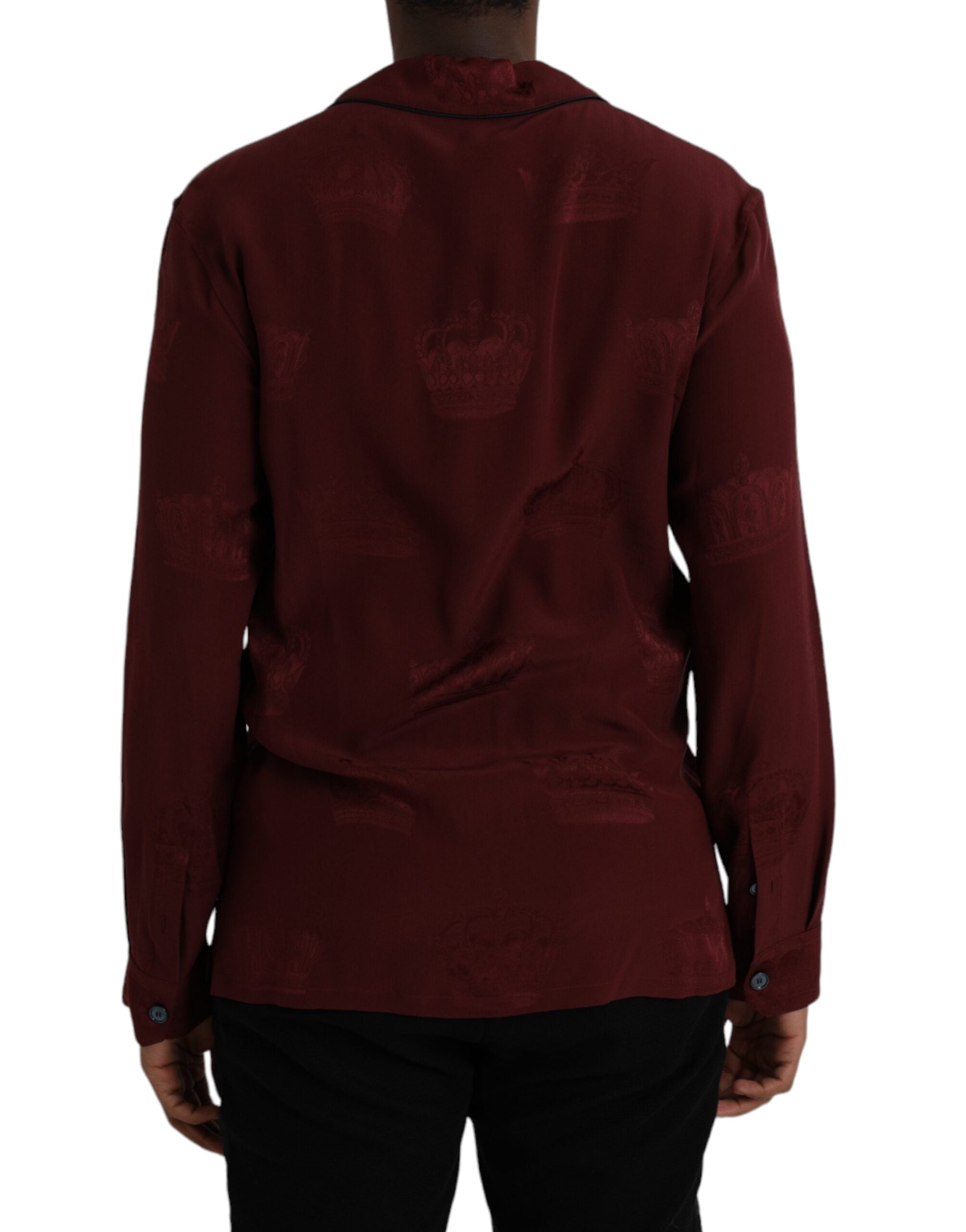Dolce &amp; Gabbana Maroon Crown Jacquard Silk Long Sleeve Shirt
