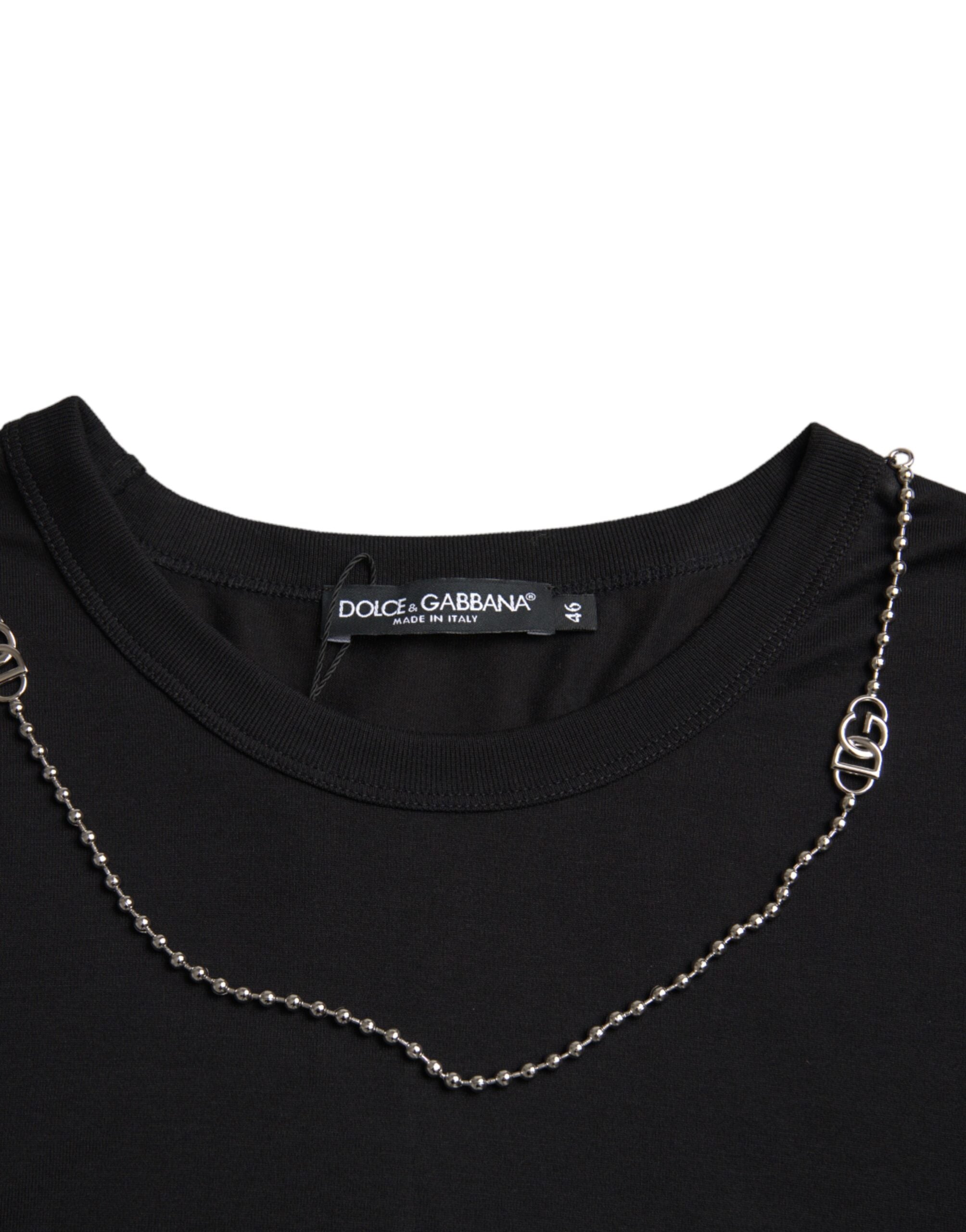 Dolce &amp; Gabbana Black Cotton Silver Chain Short Sleeve T-shirt