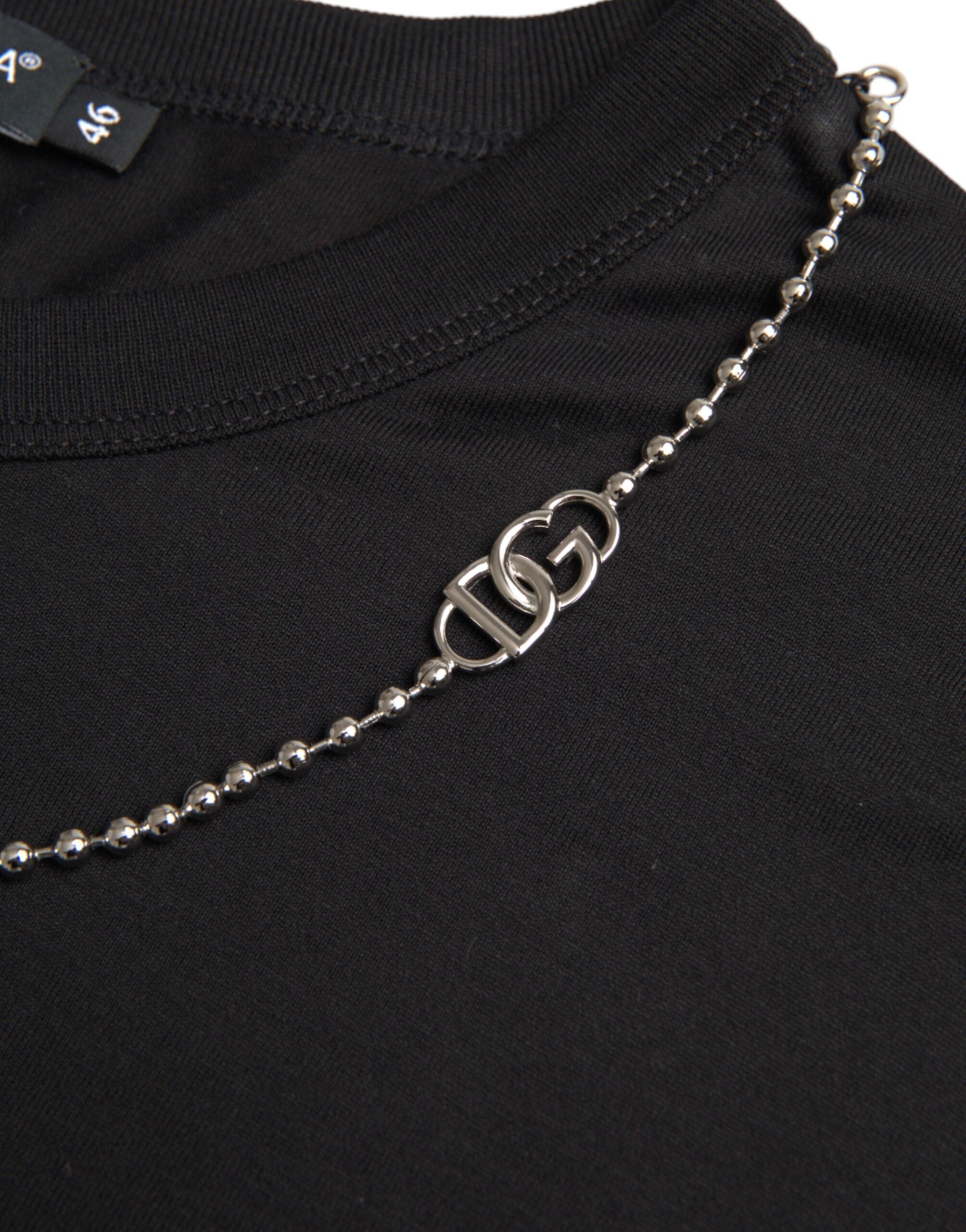 Dolce &amp; Gabbana Black Cotton Silver Chain Short Sleeve T-shirt