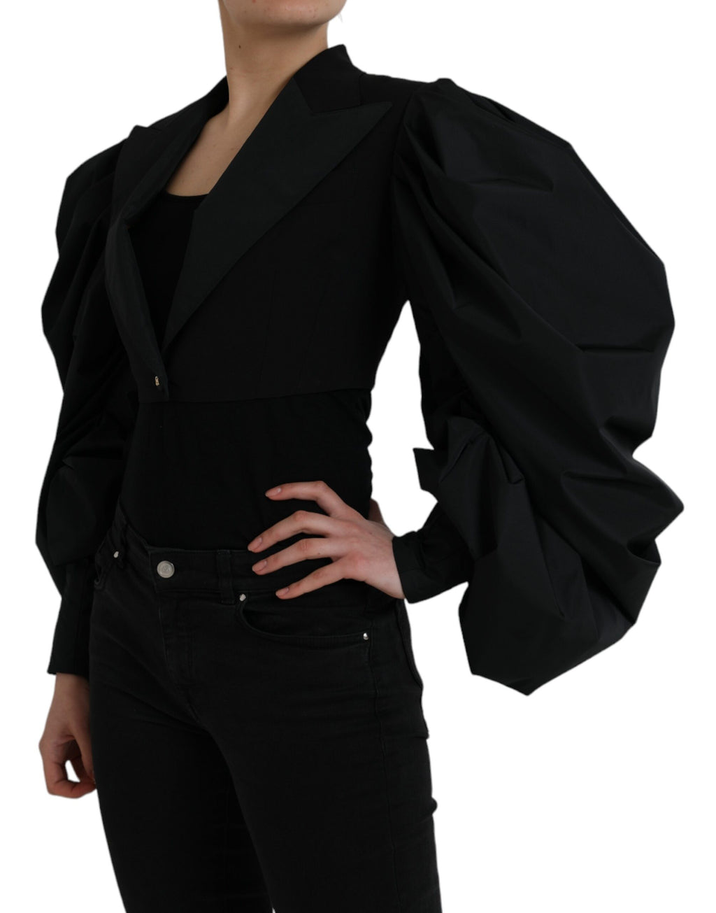 Dolce &amp; Gabbana Black Polyester Puffed Sleeves Cropped Jacket
