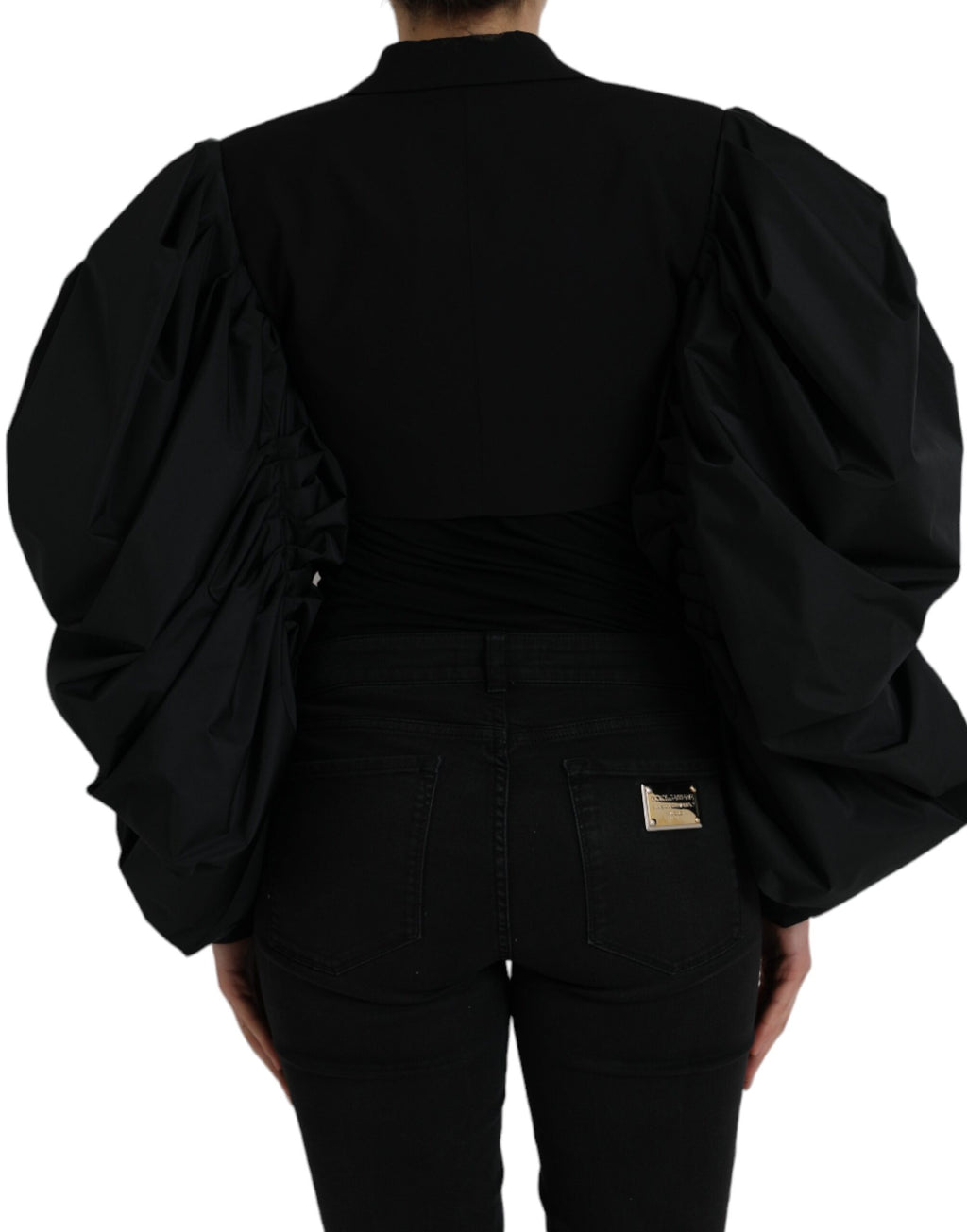 Dolce &amp; Gabbana Black Polyester Puffed Sleeves Cropped Jacket