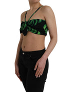 Dolce &amp; Gabbana Black Green Leaf Silk Halter Cropped Top