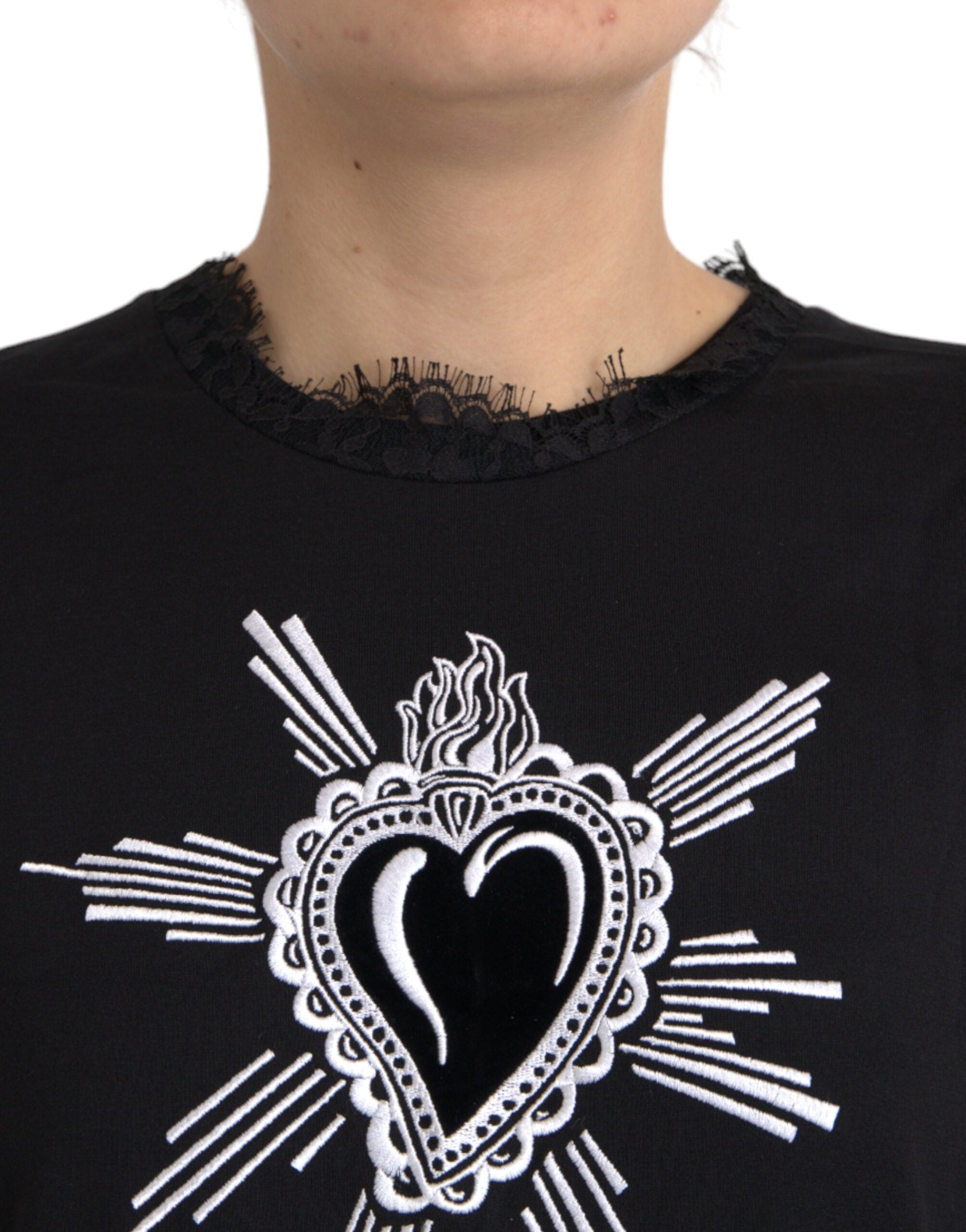 Dolce &amp; Gabbana Black Sacred Heart Print Cotton Lace T-shirt