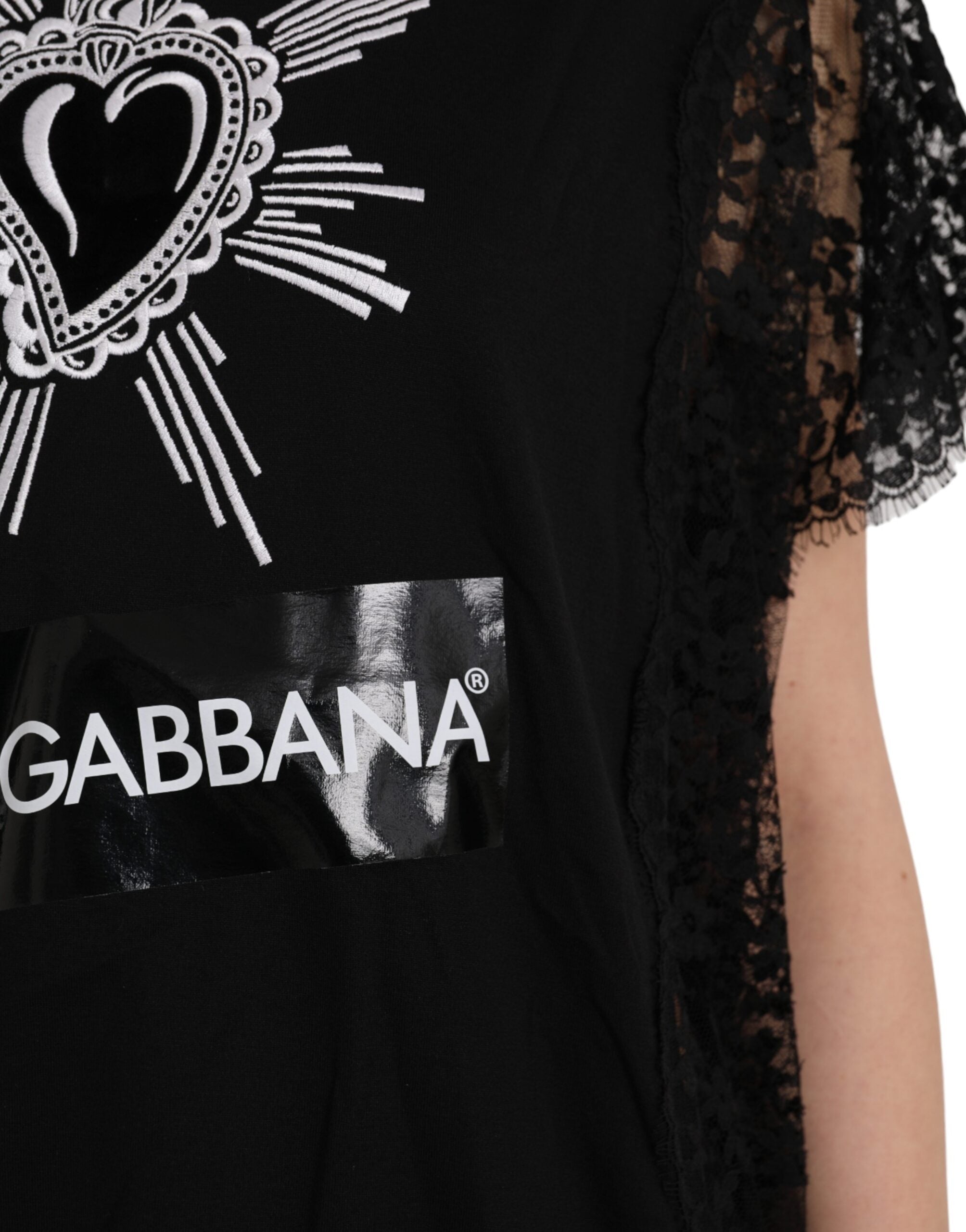 Dolce &amp; Gabbana Black Sacred Heart Print Cotton Lace T-shirt