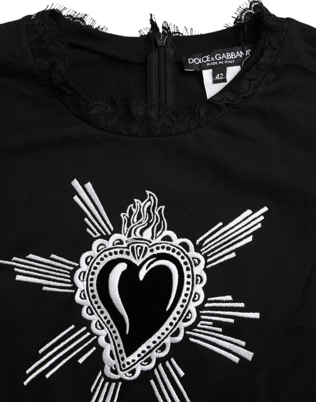 Dolce &amp; Gabbana Black Sacred Heart Print Cotton Lace T-shirt