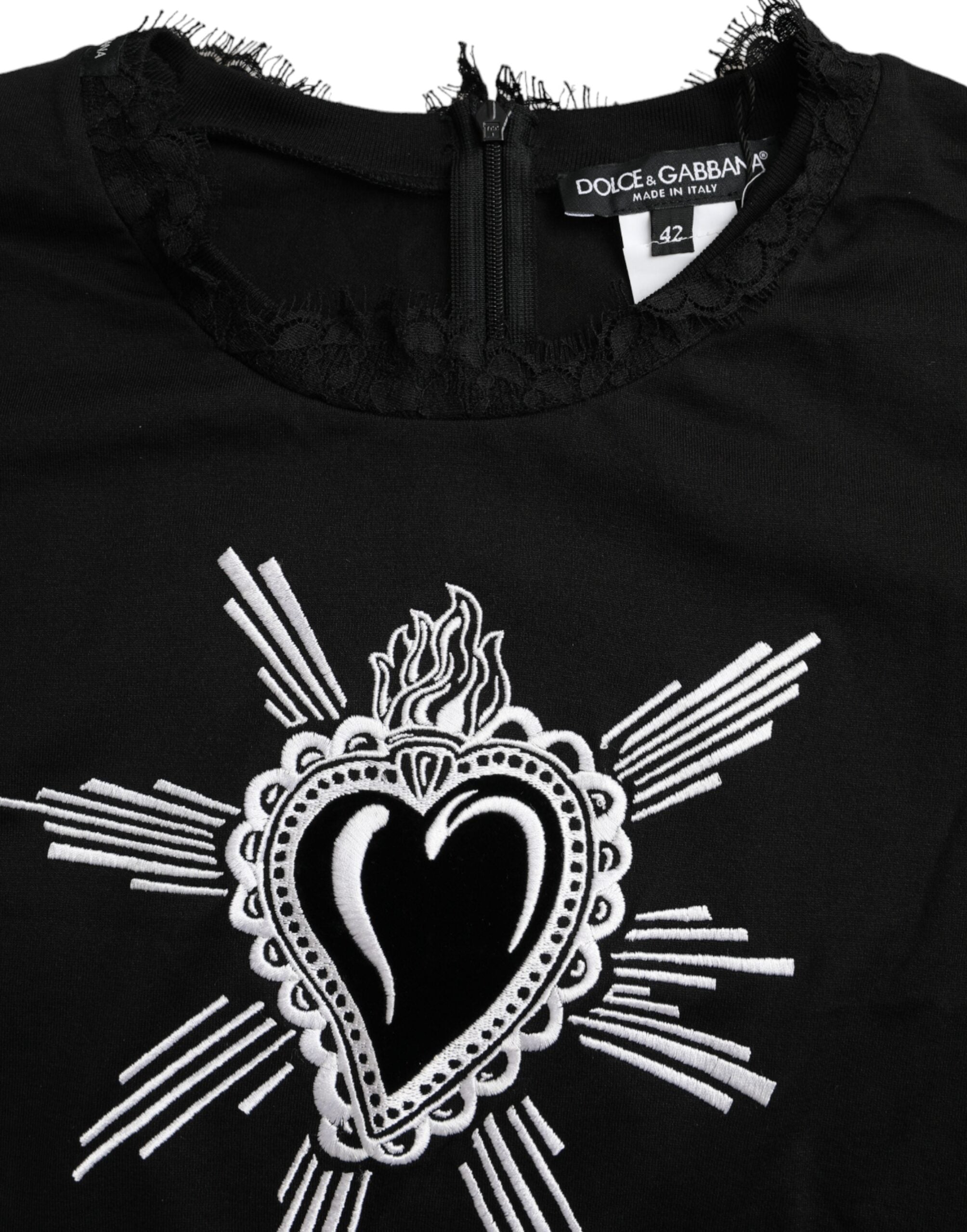 Dolce &amp; Gabbana Black Sacred Heart Print Cotton Lace T-shirt