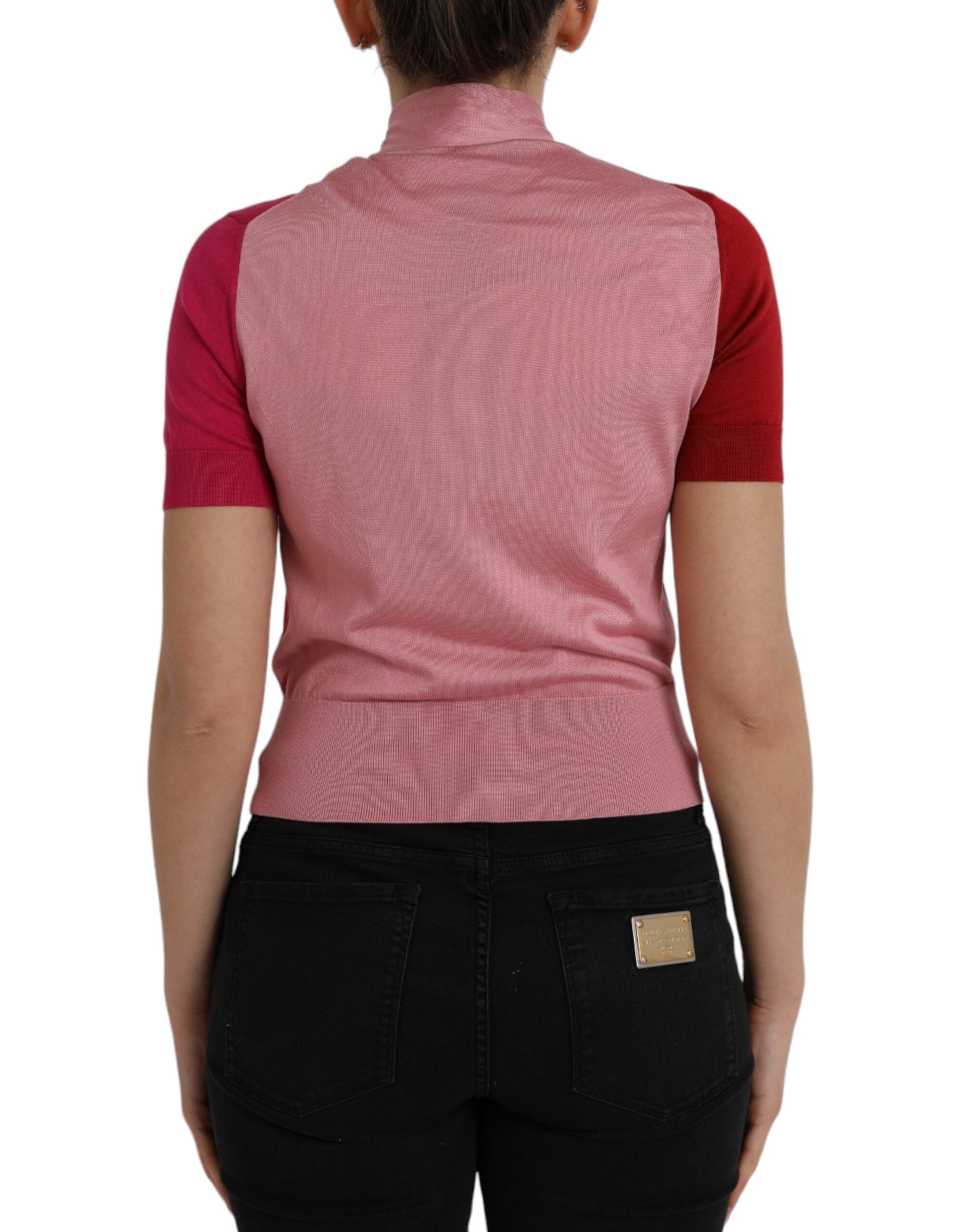 Dolce &amp; Gabbana Pink Short Sleeves Pullover Ascot Collar Top