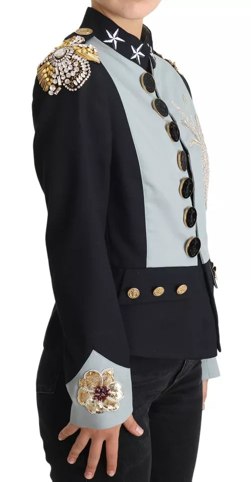 Dolce &amp; Gabbana Blue Button Crystal Embellished Cotton Jacket