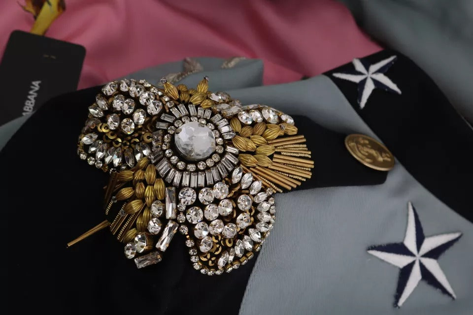 Dolce &amp; Gabbana Blue Button Crystal Embellished Cotton Jacket