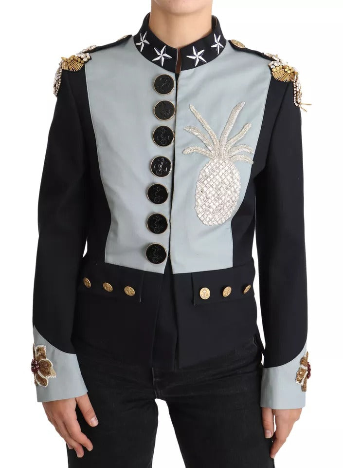 Dolce &amp; Gabbana Blue Button Crystal Embellished Cotton Jacket