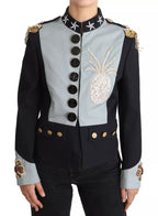 Dolce &amp; Gabbana Blue Button Crystal Embellished Cotton Jacket