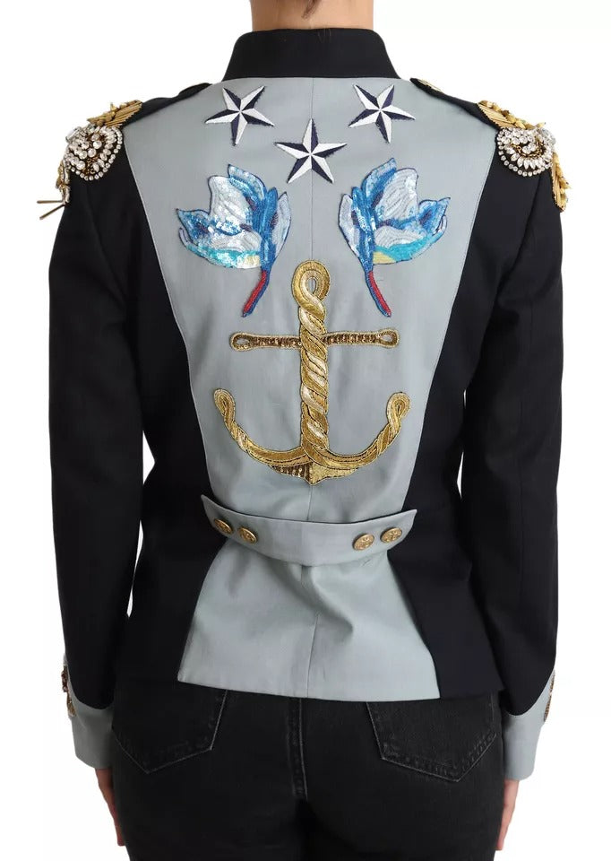 Dolce &amp; Gabbana Blue Button Crystal Embellished Cotton Jacket