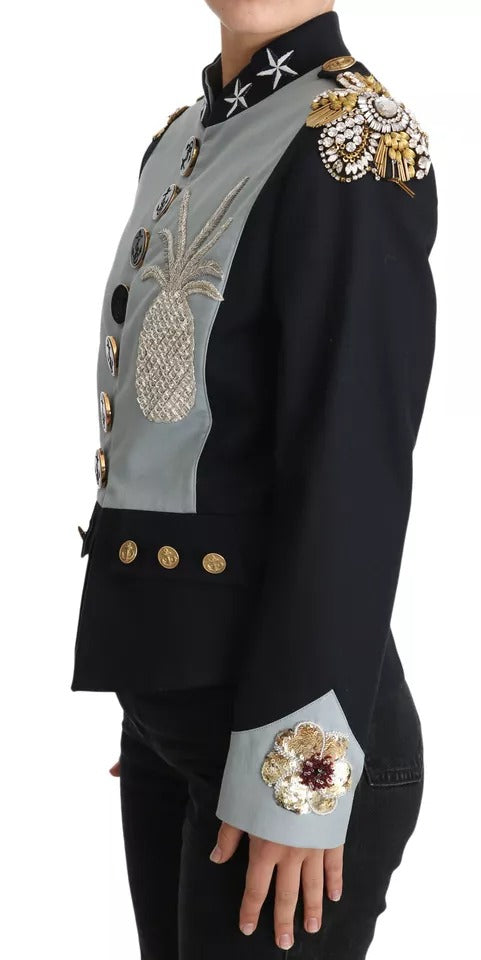 Dolce &amp; Gabbana Blue Button Crystal Embellished Cotton Jacket