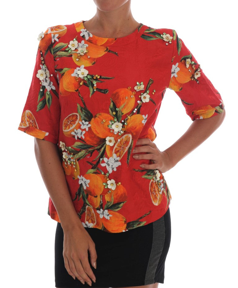 Dolce &amp; Gabbana Orange Print Crystal-Embellished Blouse