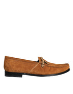 Dolce &amp; Gabbana Brown Velvet Leather Logo Moccasin Slip On Shoes