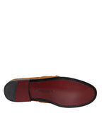 Dolce &amp; Gabbana Brown Velvet Leather Logo Moccasin Slip On Shoes