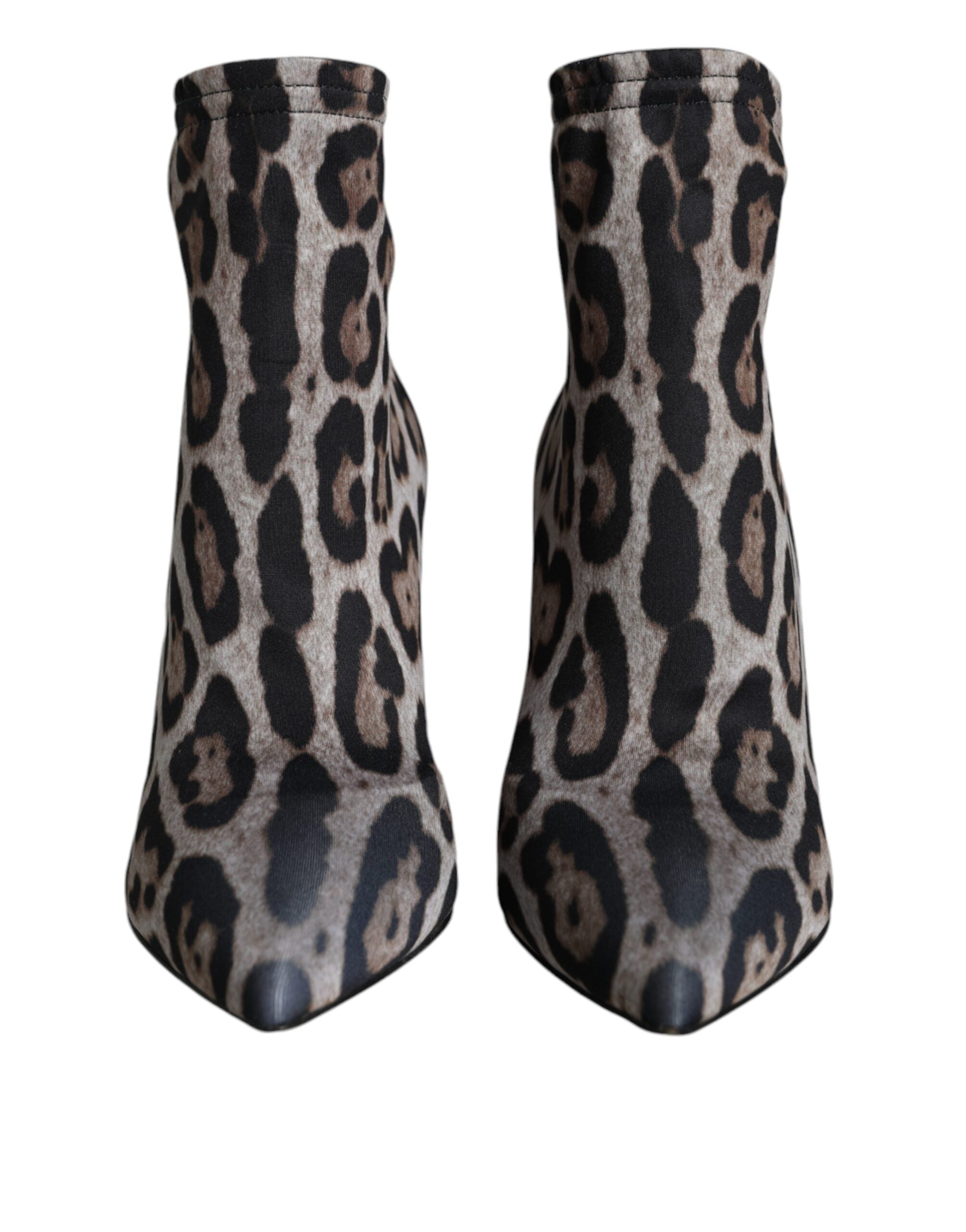 Dolce &amp; Gabbana Gray Leopard Stretch Heels Ankle Boots Shoes