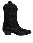 Dolce &amp; Gabbana Black Gray Leopard Cowboy Boots Shoes